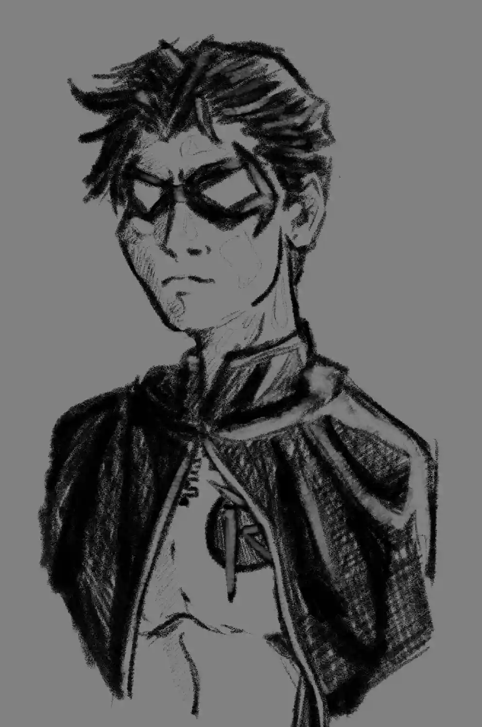 A black-and-white sketch of a young man with spiky hair, wearing a stylized superhero mask and a cape over a zip-up jacket…
