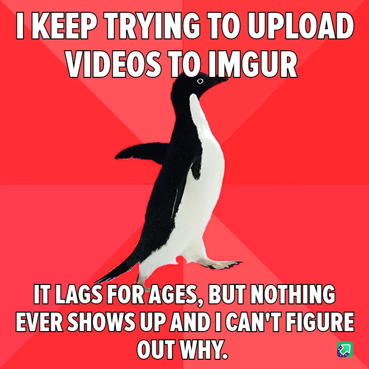 A black-and-white penguin stands against a red background with diagonal lines. The text overlaid reads: 'I KEEP TRYING TO…