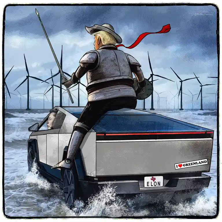 A cartoon depiction of a knight with blonde hair, a cowboy hat, and a red cape, riding atop a silver Tesla Cybertruck…