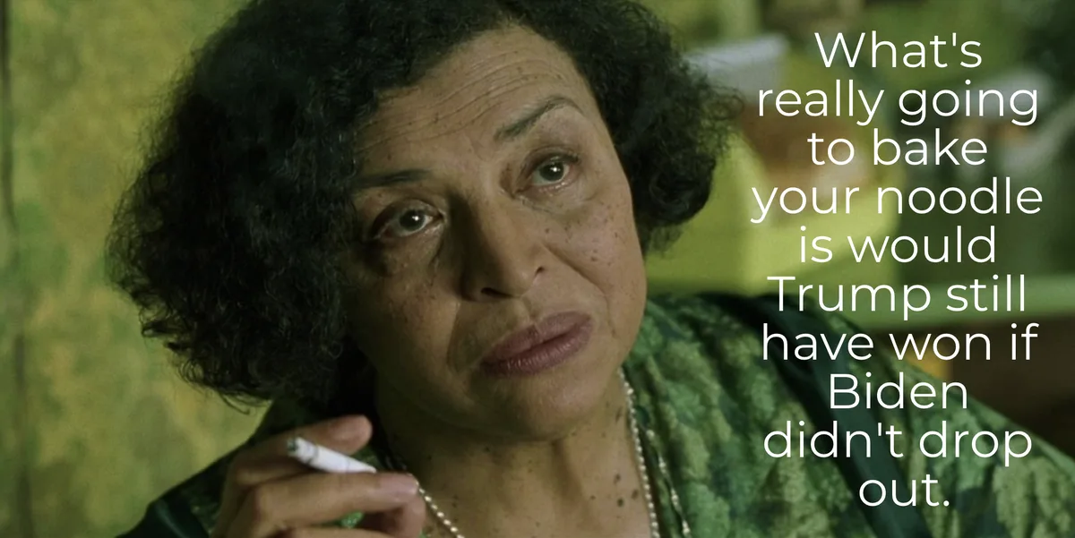 A close-up of a woman with dark curly hair, wearing a green patterned top and a pearl necklace, holding a cigarette. White…
