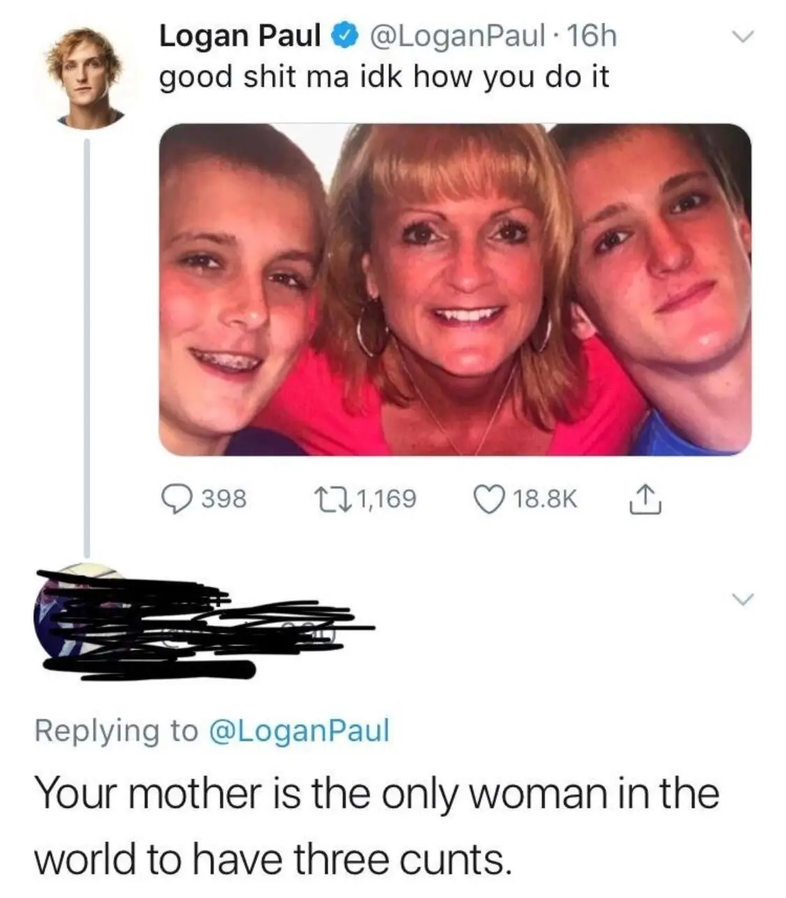 A screenshot of a Twitter post by Logan Paul showing a photo of his mother and two sons, with the caption 'good shit ma idk…