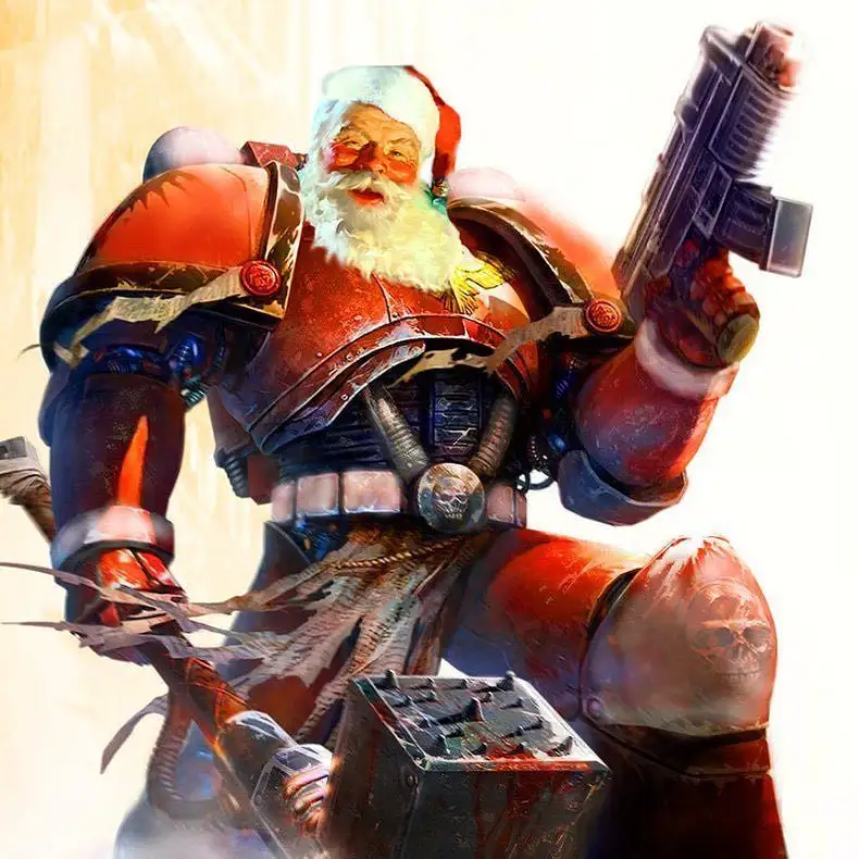 A heavily armored, battle-worn Santa Claus figure, resembling a Space Marine from Warhammer 40,000, wields a large…