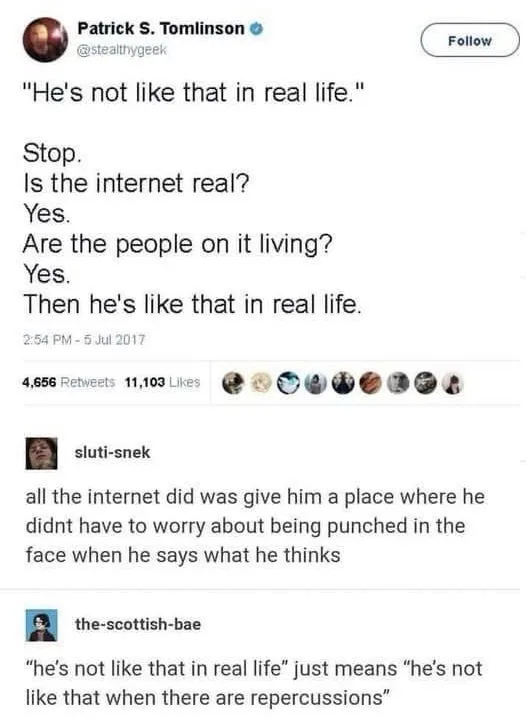 A screenshot of a 2017 tweet by Patrick S. Tomlinson (@stealthygeek) that reads: 'He's not like that in real life.' followed…