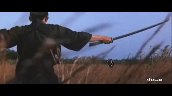A six-panel image from a Japanese film shows a samurai preparing to fight, then facing his opponent, then looking at a…