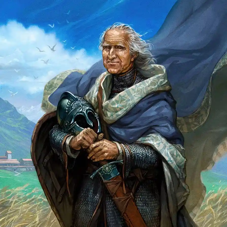 An elderly, weathered knight with white hair and a blue cloak stands outdoors holding his helmet and sword, looking weary…