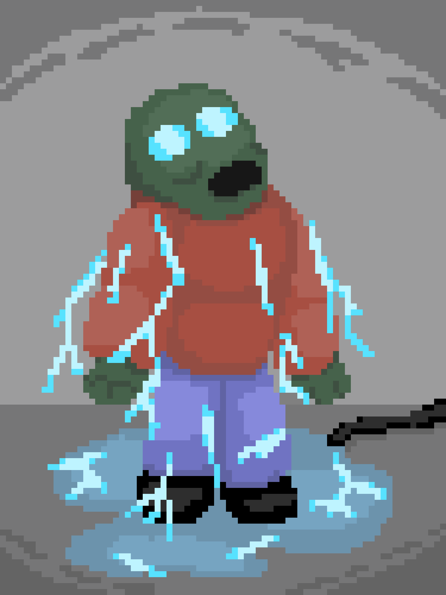A pixelated, green-skinned character with a black eye patch and a red shirt is visibly crying, with blue tears streaming…