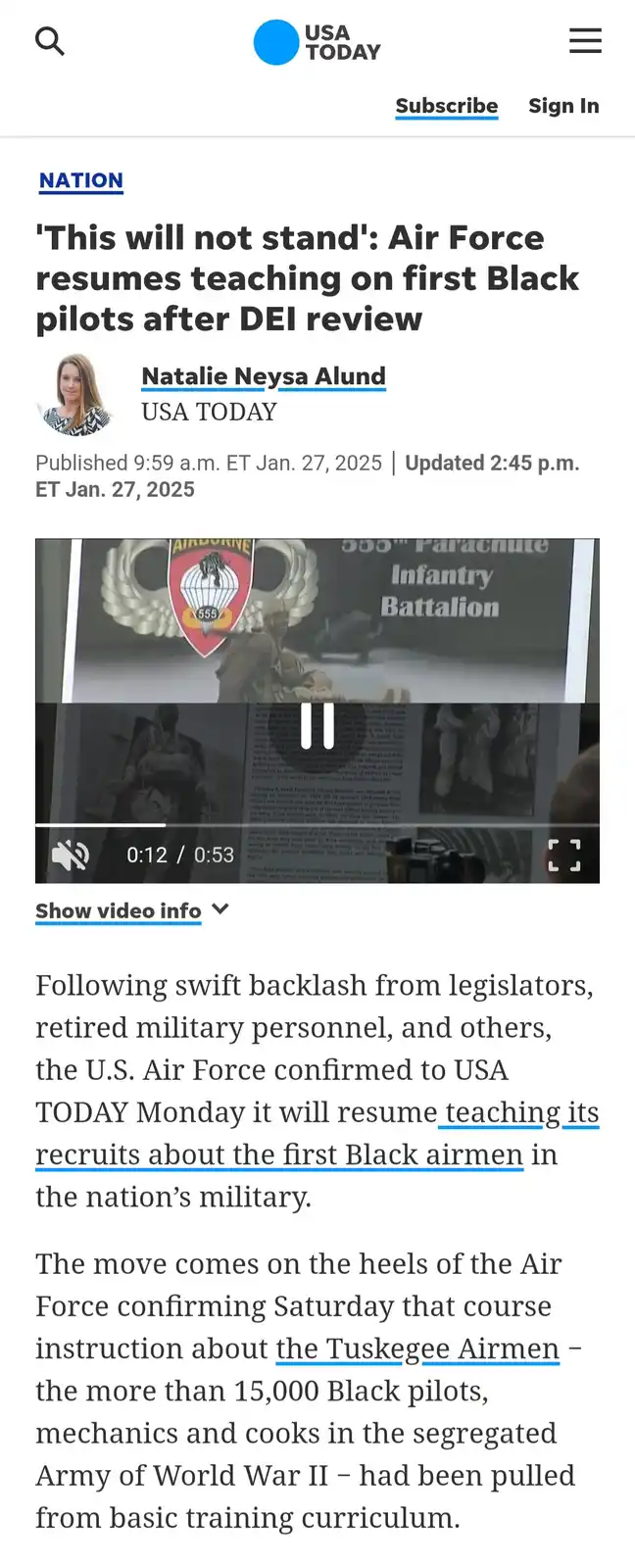 A screenshot of a USA TODAY news article about the U.S. Air Force resuming training on Black pilots after a DEI review. The…
