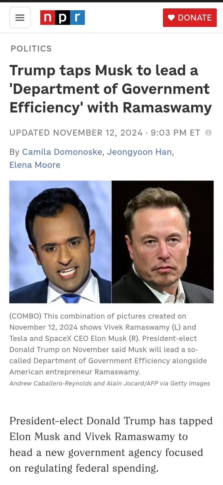 The image is a screenshot of an NPR news article with the headline 'Trump taps Musk to lead a 'Department of Government…