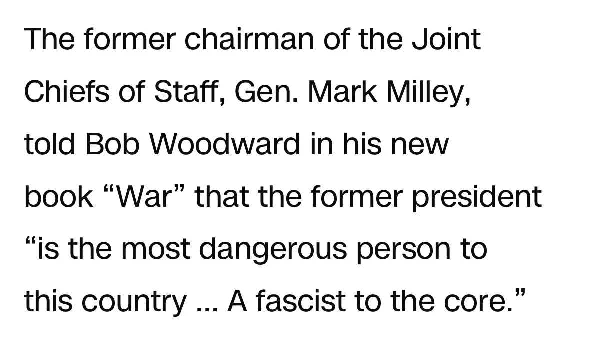 The image displays a plain white background with black text quoting Gen. Mark Milley's statement to Bob Woodward in his book…