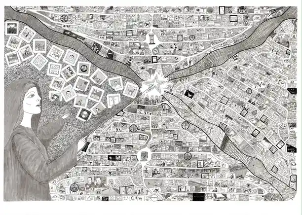 A black-and-white illustration shows a woman in profile pointing at a sprawling, intricate map that resembles a city street…