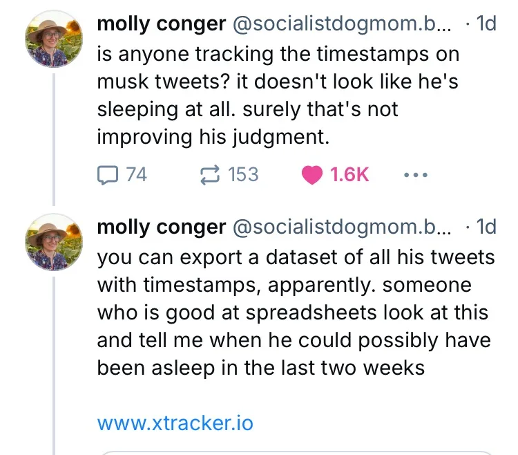 The image displays two consecutive tweets from a user named Molly Conger, both with the same profile picture of a woman in a…