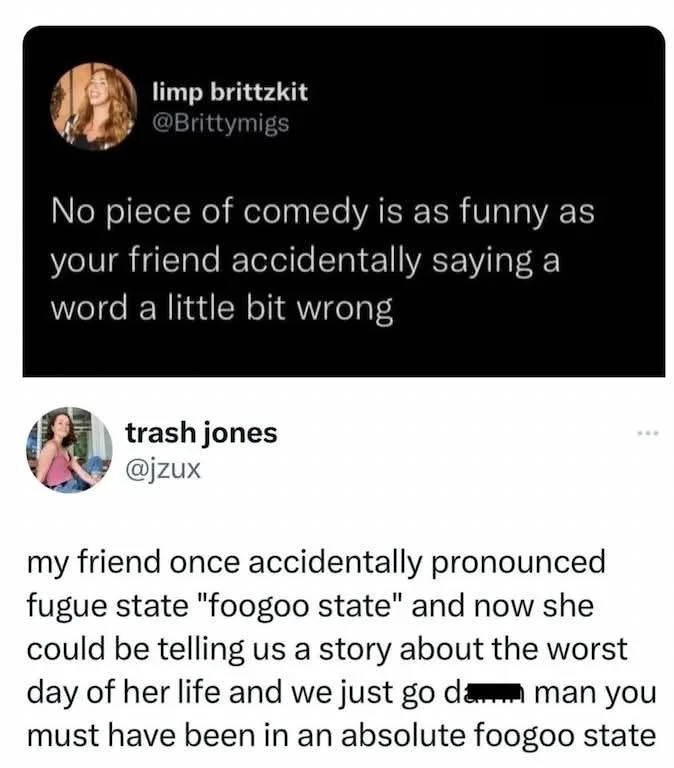 A screenshot of two Twitter posts. The top post by 'limp brittzkit' states, 'No piece of comedy is as funny as your friend…