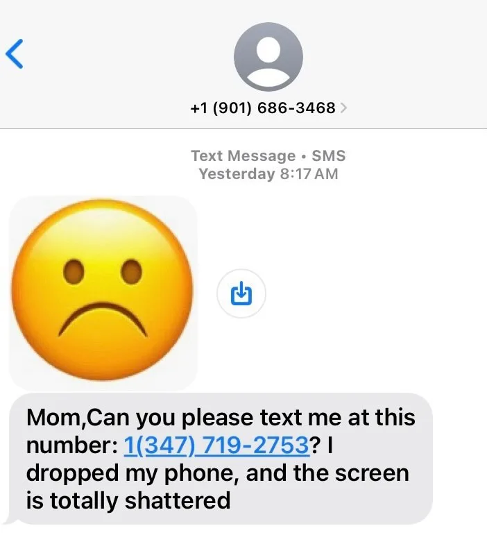 A screenshot of a text message conversation shows a sad face emoji above a message from an unknown sender. The message reads…