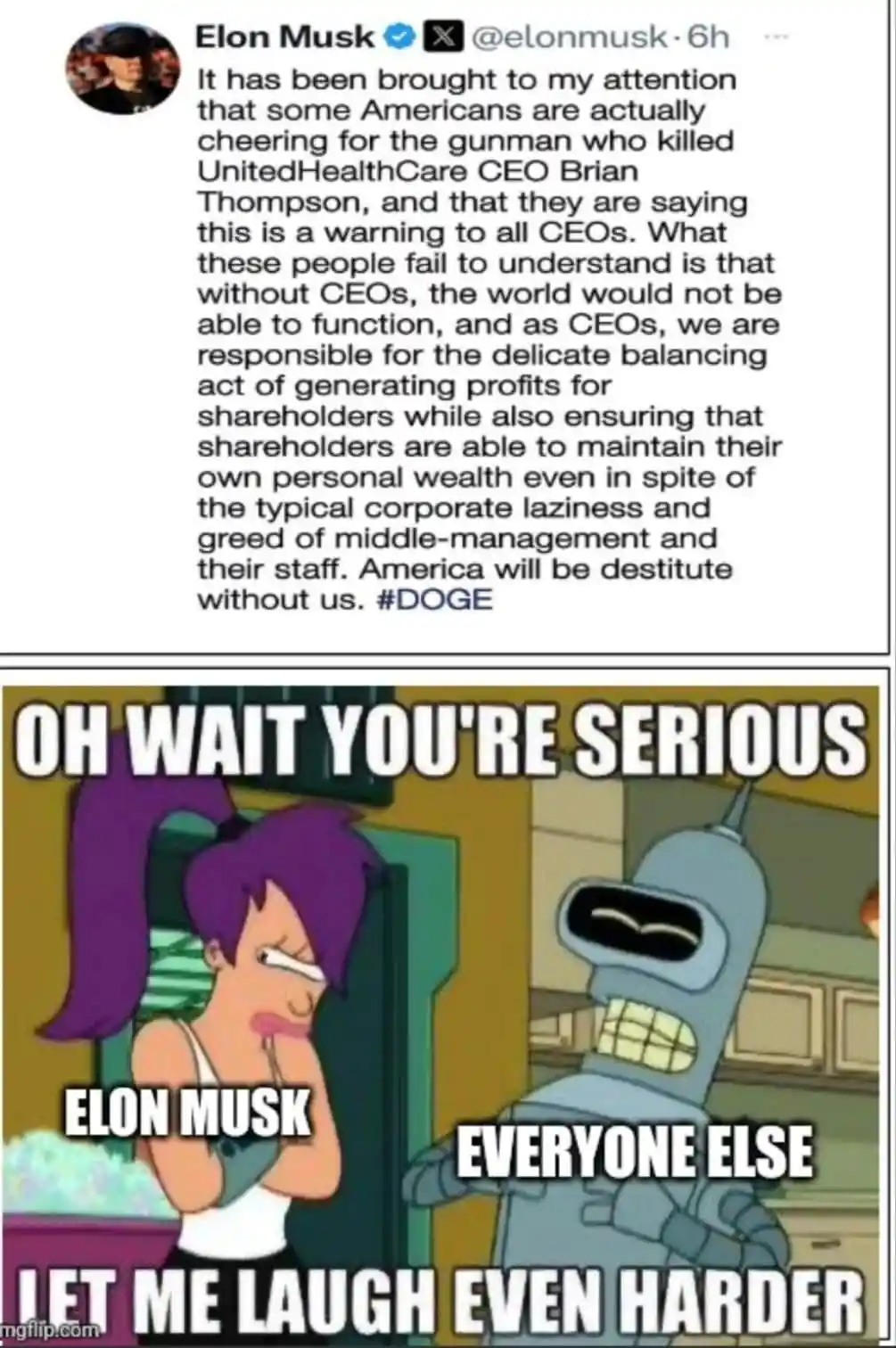 The top panel shows a screenshot of a tweet from Elon Musk's verified X account, where he claims that without CEOs, the…