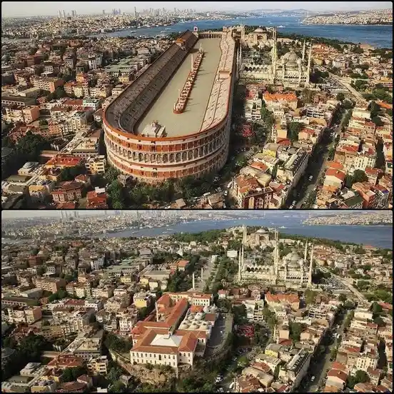 The image is split into two panels. The top panel shows a large stadium built directly on top of a mosque, with the city and…
