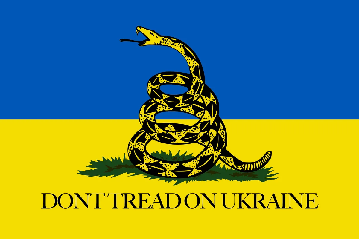 The image displays the Ukrainian flag, with its blue and yellow horizontal stripes, overlaid with a coiled rattlesnake in…
