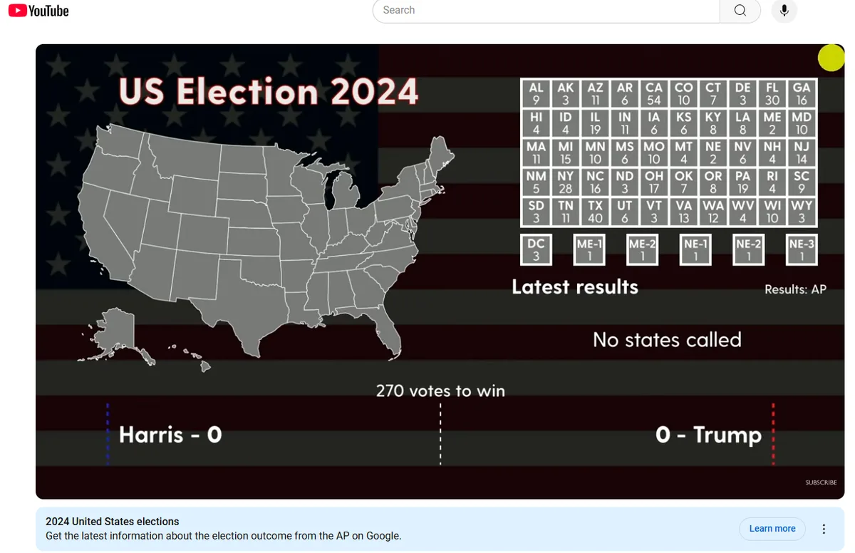 A screenshot of a YouTube election results page for the 2024 US election, showing a gray map of the United States with no…