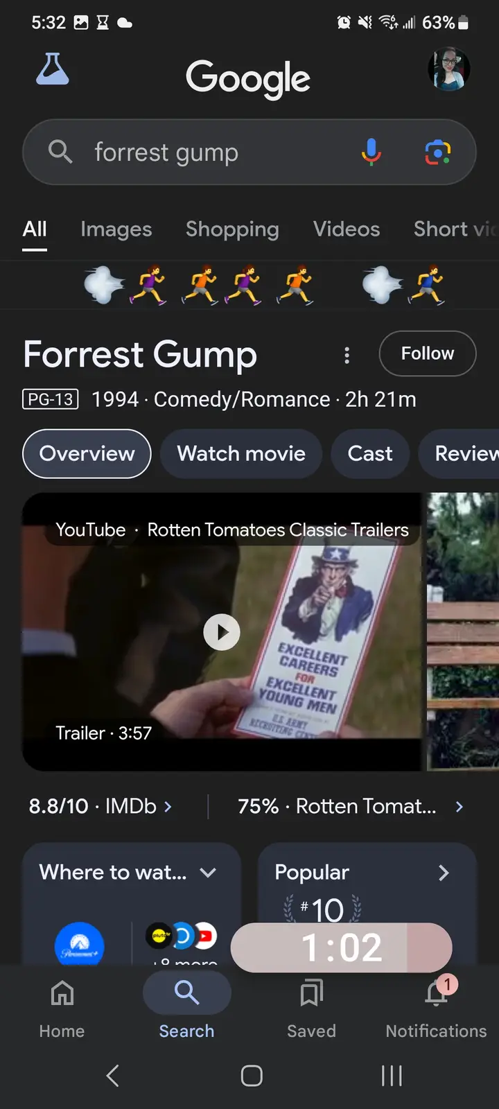 A screenshot of a Google search results page for 'forrest gump' shows the movie's official information, including its PG-13…