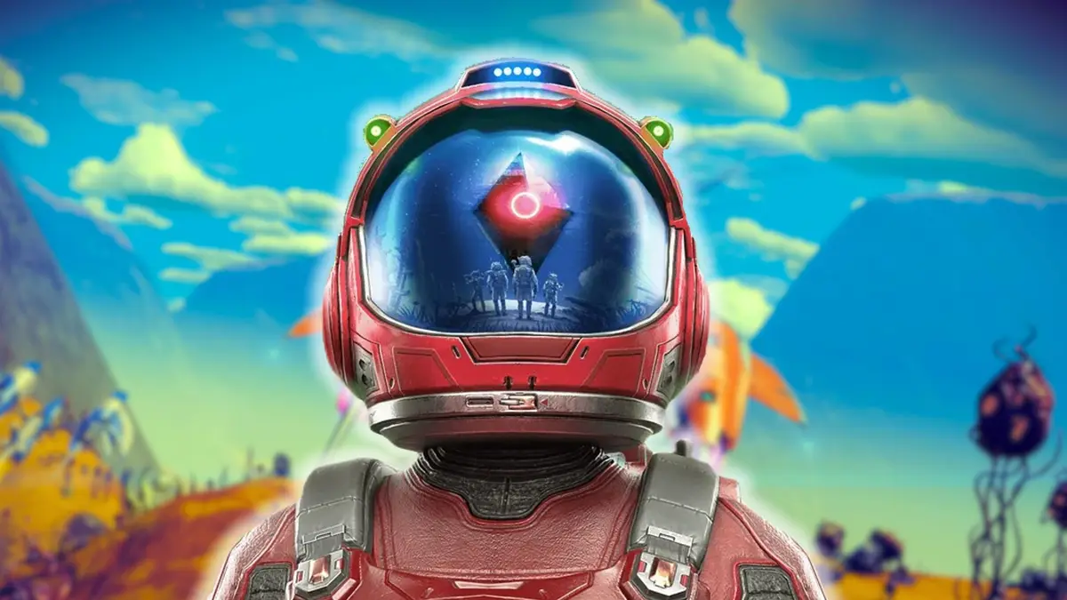 A close-up of a red astronaut helmet with a reflective visor showing a sci-fi scene of figures standing before a glowing…