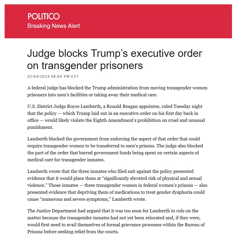 A screenshot of a Politico news article with a red header reading 'POLITICO Breaking News Alert'. The headline reads 'Judge…