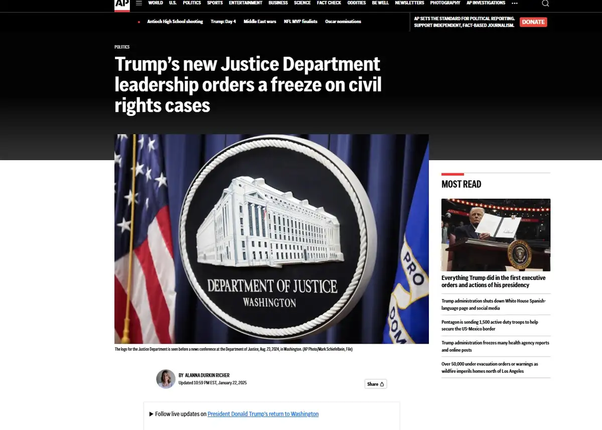 A screenshot of an Associated Press news article with a headline about Trump's Justice Department freezing civil rights…