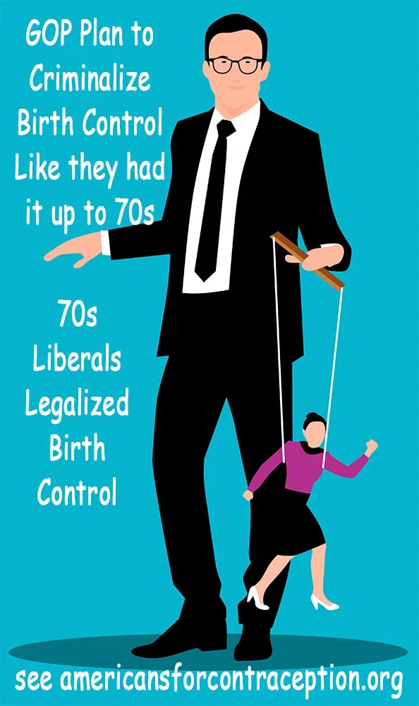 A cartoon depicts a large man in a suit holding strings that control a smaller woman in a purple top and black skirt…