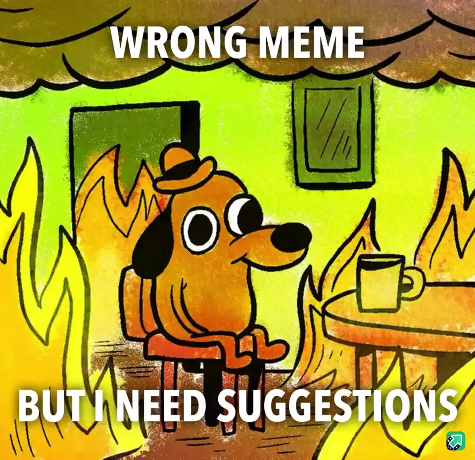 A cartoon dog wearing a hat sits calmly in a room engulfed in flames, holding a mug, with the text 'WRONG MEME' at the top…