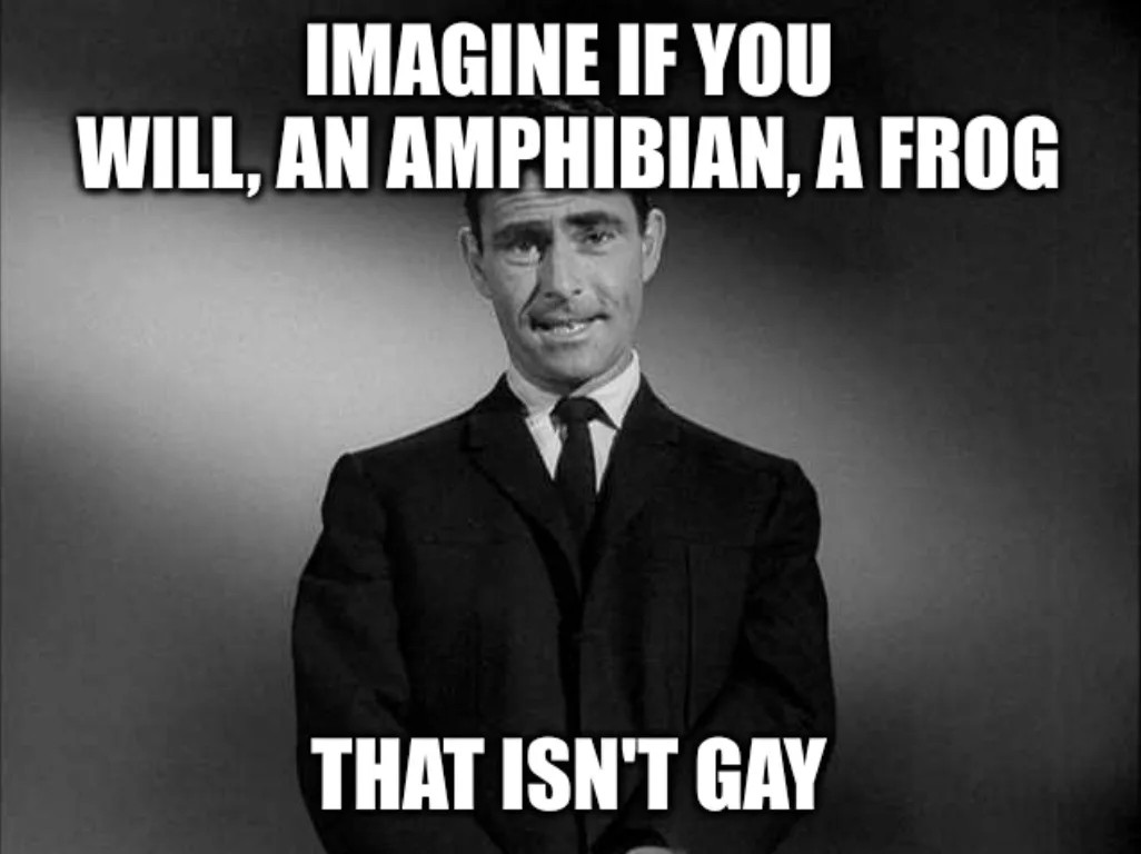 A black-and-white photo of a man in a suit and tie with a slight smirk, overlaid with bold white text that reads 'IMAGINE IF…