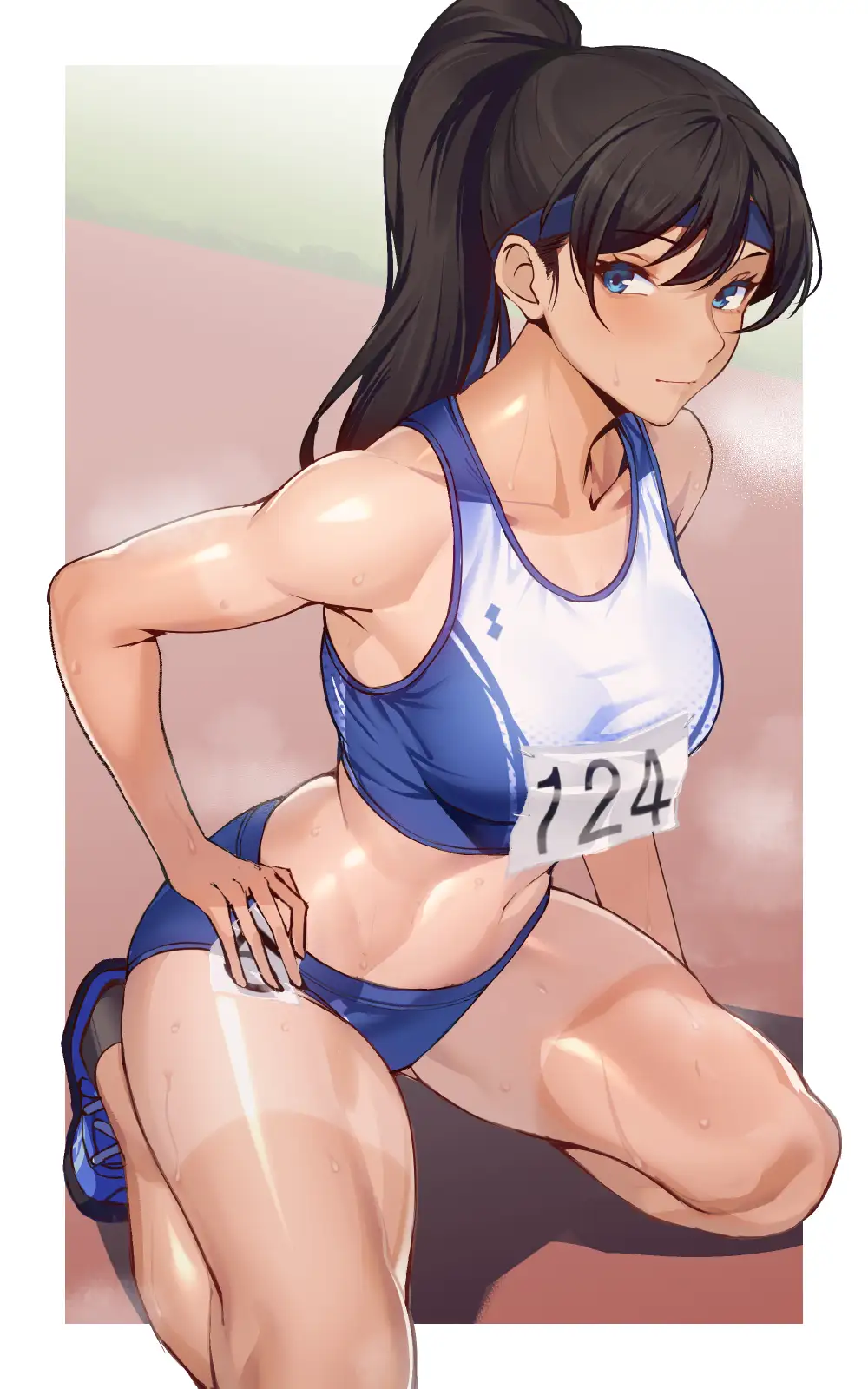 An anime-style illustration of a muscular female athlete in a blue and white running outfit with race number 124 pinned to…