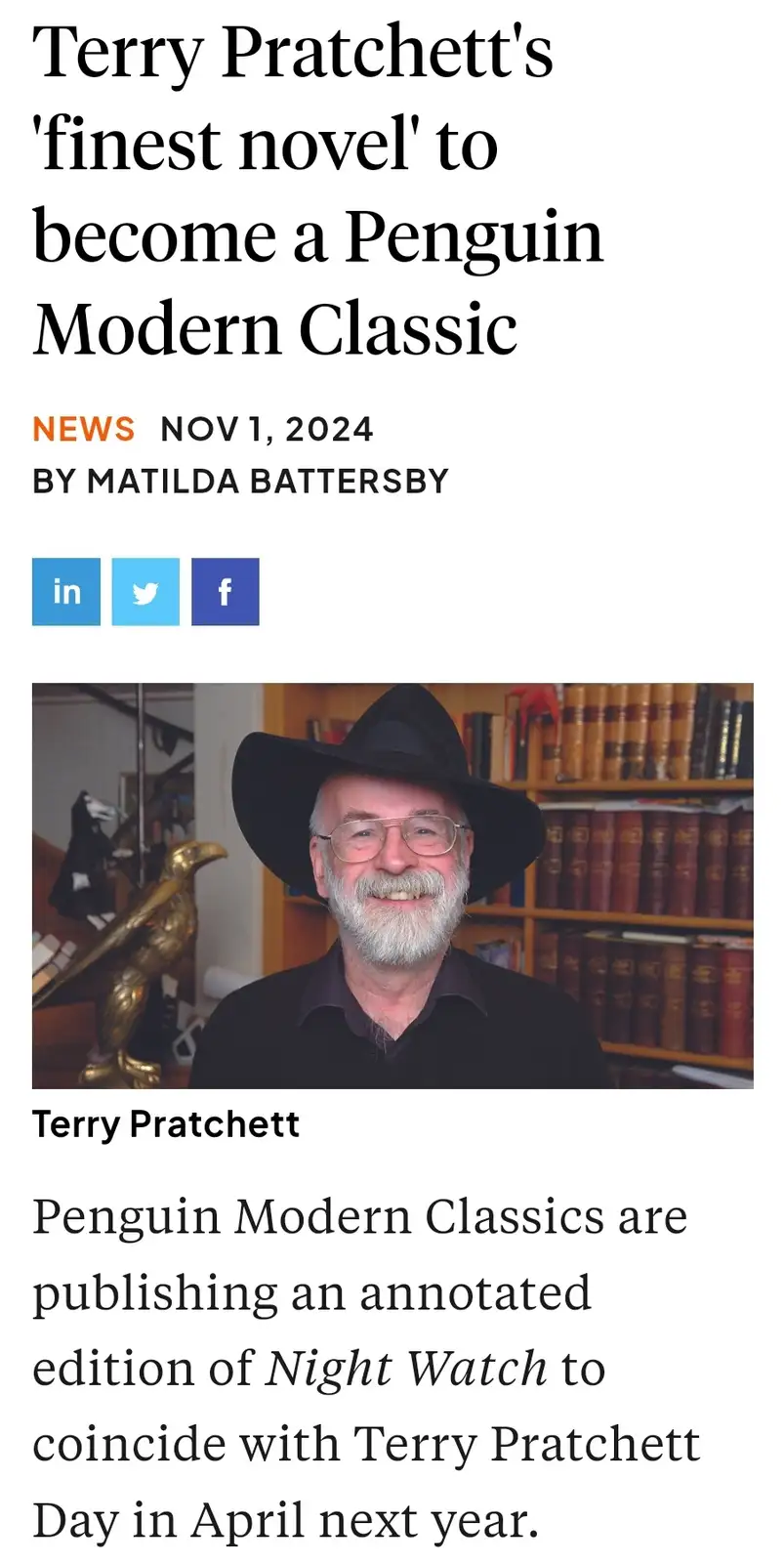 A screenshot of a news article from November 1, 2024, by Matilda Battersby, announcing that Penguin Modern Classics will…