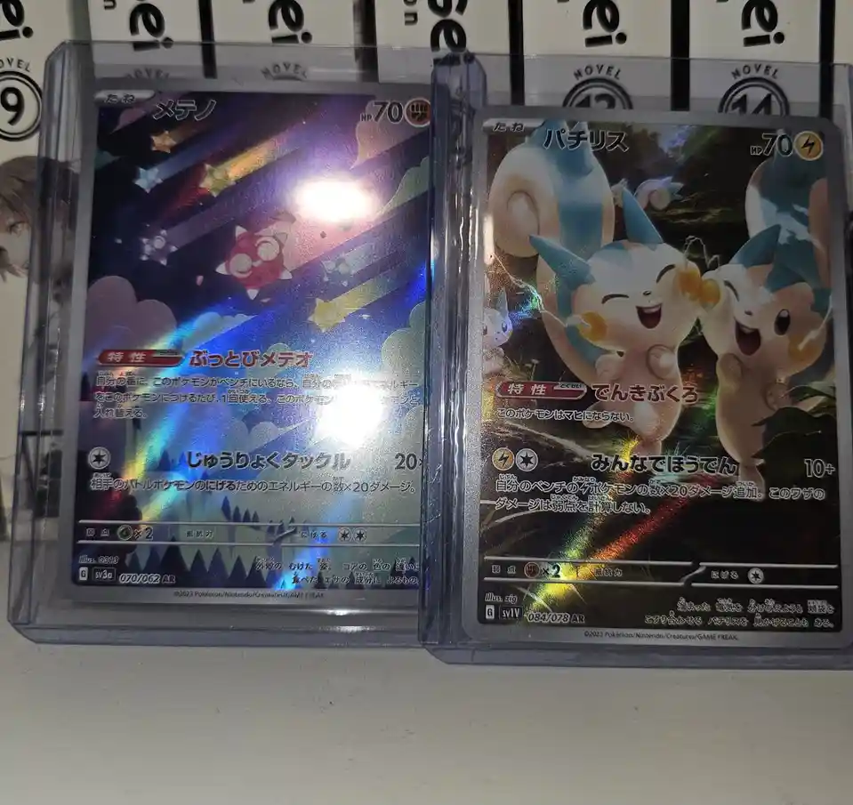 Two Japanese-language Pokémon trading cards, 'Metang' and 'Pachirisu', are displayed side-by-side in clear protective…