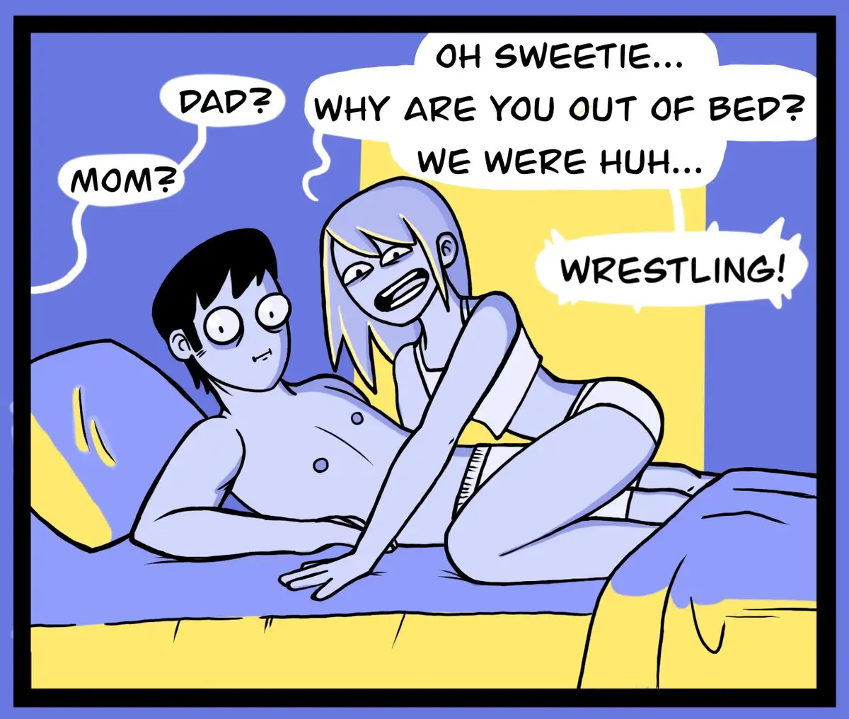 A cartoon depicts a man and woman in bed, the woman looking annoyed as she asks why the man is out of bed, while he looks…
