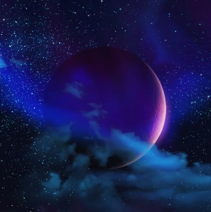 A stylized purple planet or moon with glowing clouds and stars in the background, overlaid with the text 'i'm not a planet…