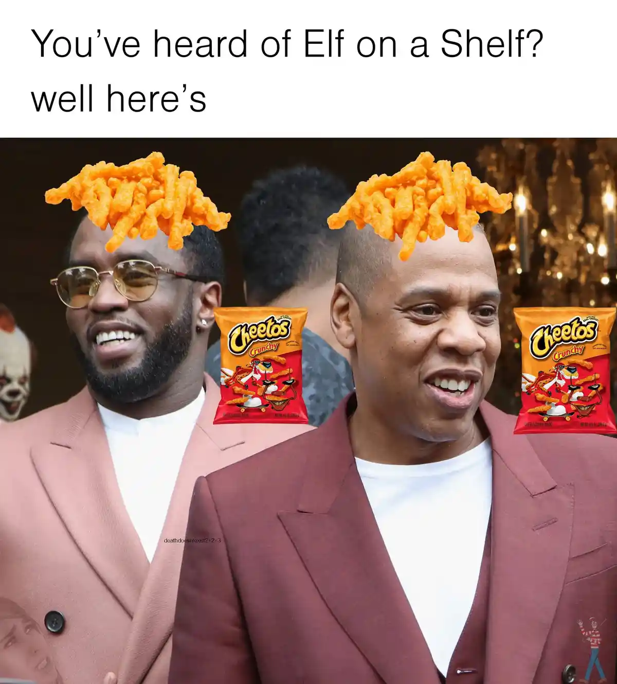Two men in suits are shown with piles of orange Cheetos Crunchy snacks digitally placed on their heads, mimicking the look…