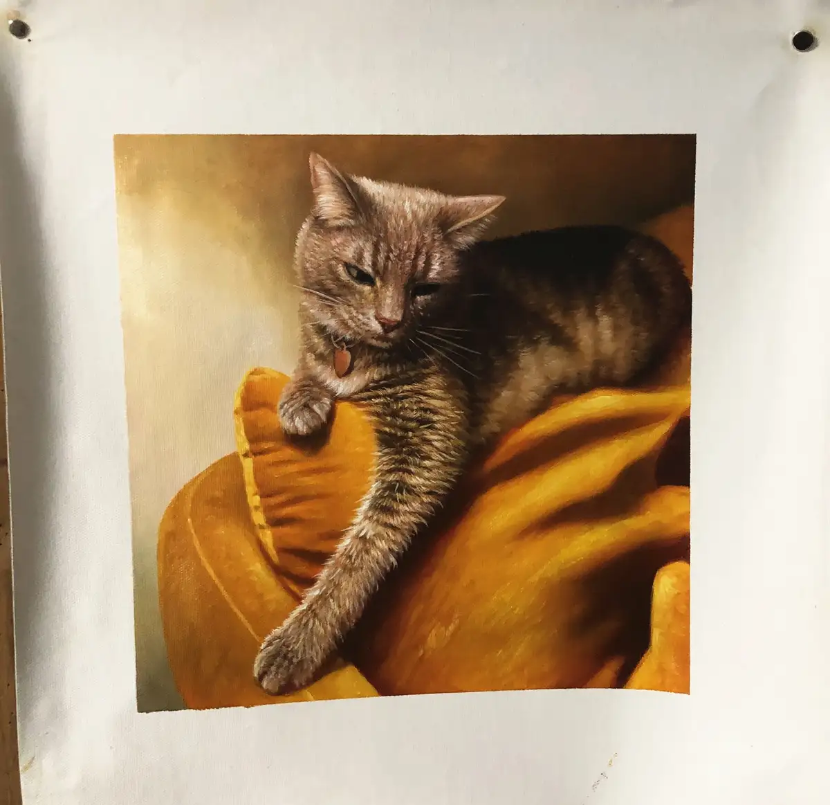 A realistic painting of a gray tabby cat lounging on a golden-yellow cushion, looking grumpy and unimpressed. The cat wears…
