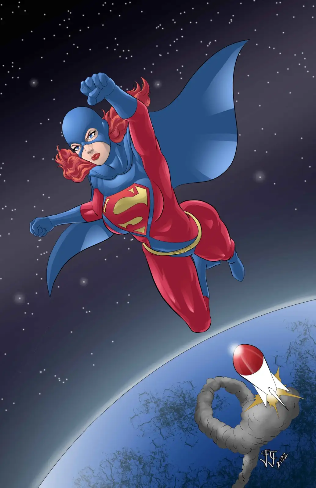 A digital illustration shows Supergirl in her classic red and blue costume with a cape, flying through space above Earth…