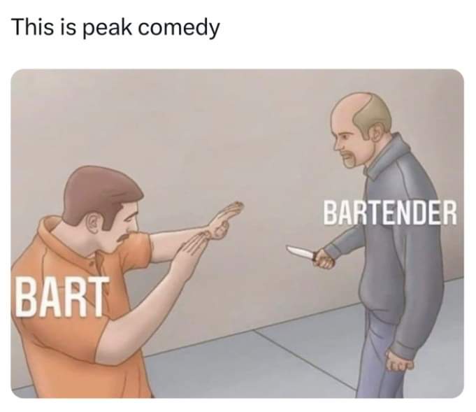 An illustrated image shows two men facing each other. The man on the left, labeled 'BART', holds out his hand with a small…