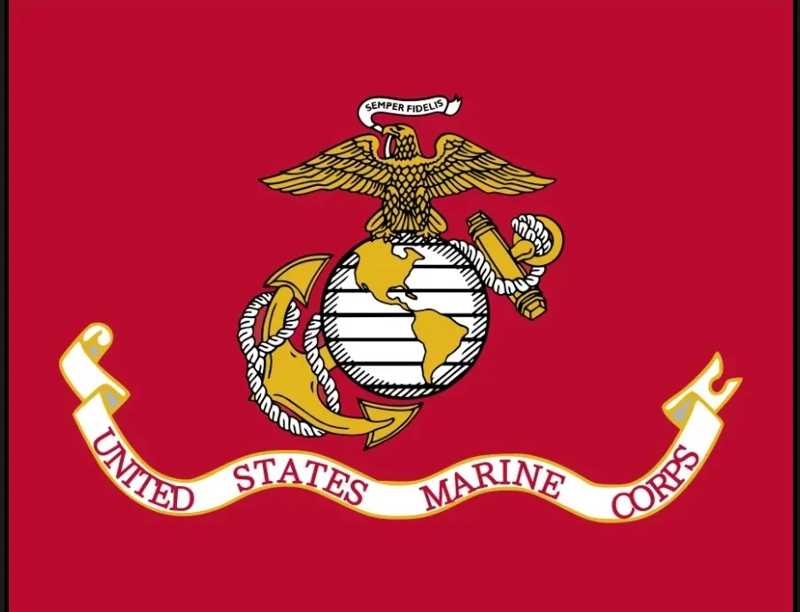 The image displays the official flag of the United States Marine Corps, featuring a red field with a central emblem. The…