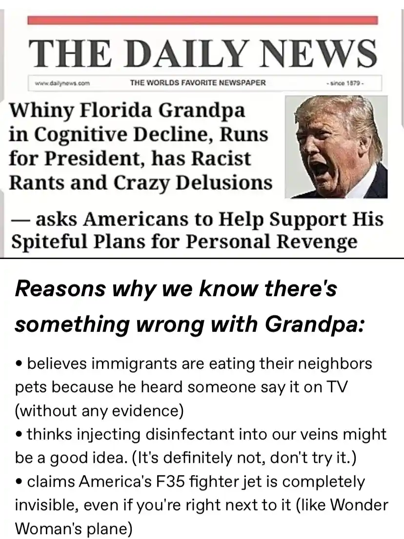 A satirical newspaper front page titled 'THE DAILY NEWS' features a photo of Donald Trump with an exaggerated angry…