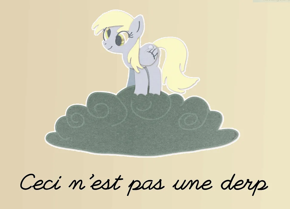 A cartoon pony with blonde hair and a gray body stands atop a gray cloud against a beige background. The text at the bottom…