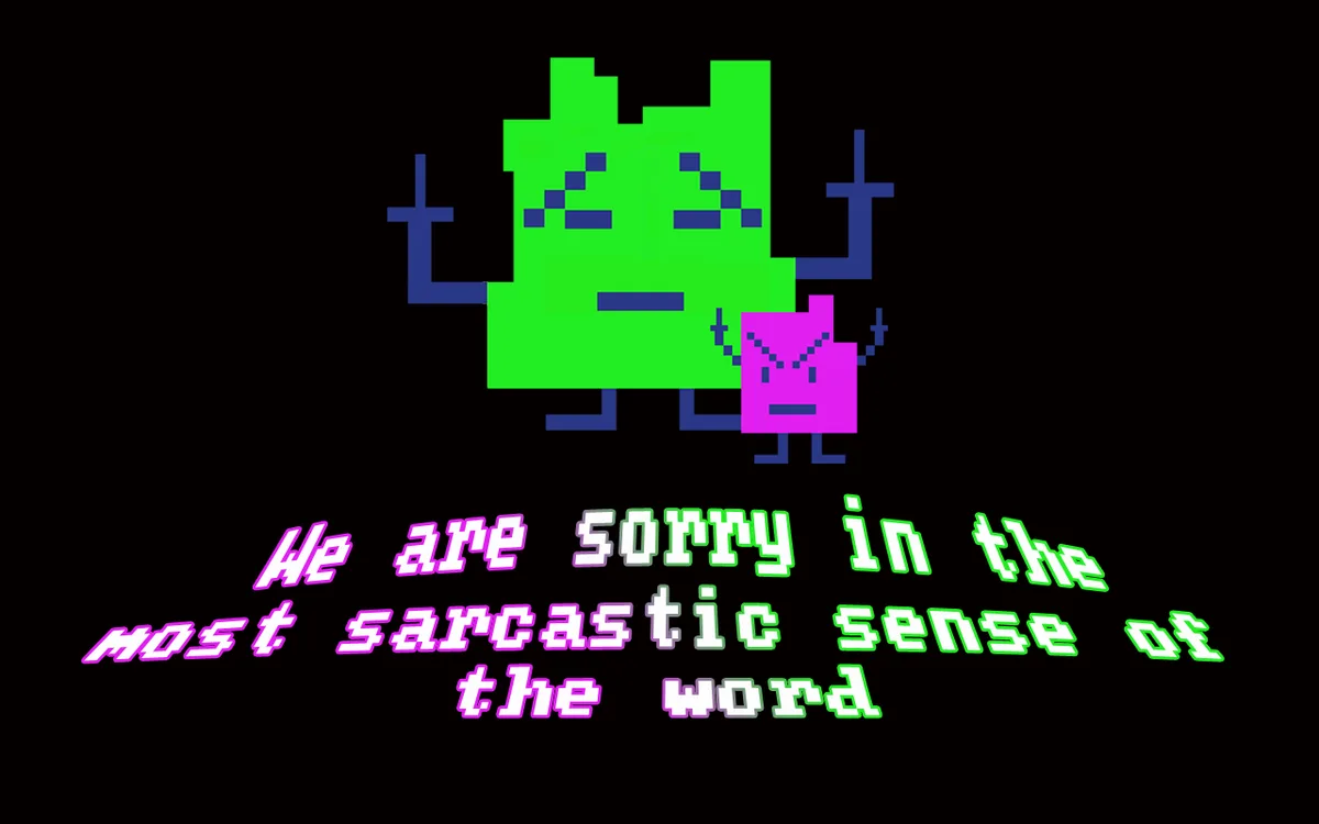 A pixel art image shows a large green blocky character with a smug expression holding a smaller, angry pink blocky…