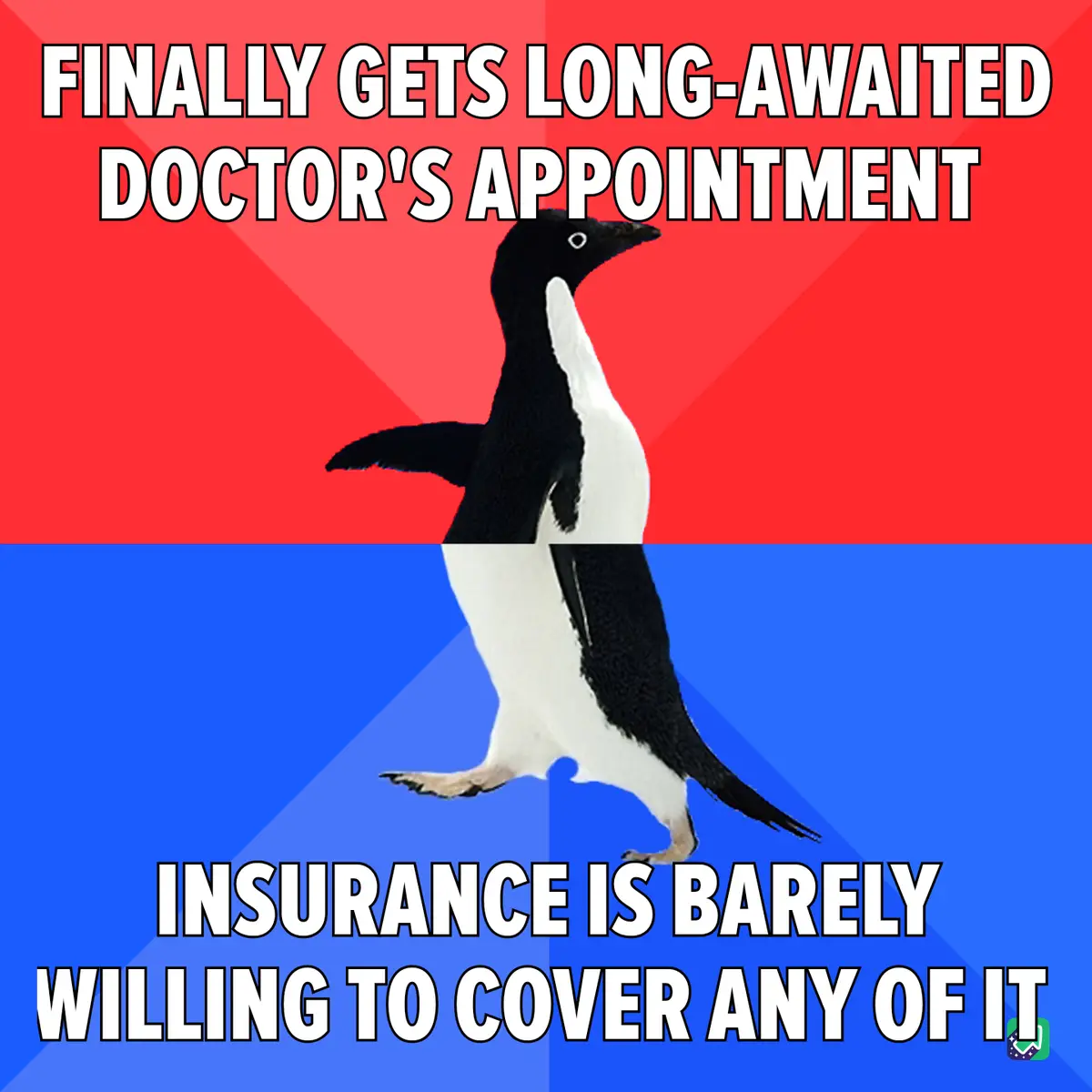 A penguin stands in the center of the image, split by a horizontal line, against a red top half and blue bottom half. The…