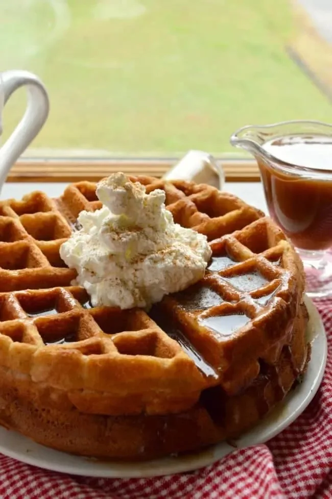 A close-up photo shows a stack of golden-brown waffles on a white plate, topped with a large dollop of whipped cream dusted…