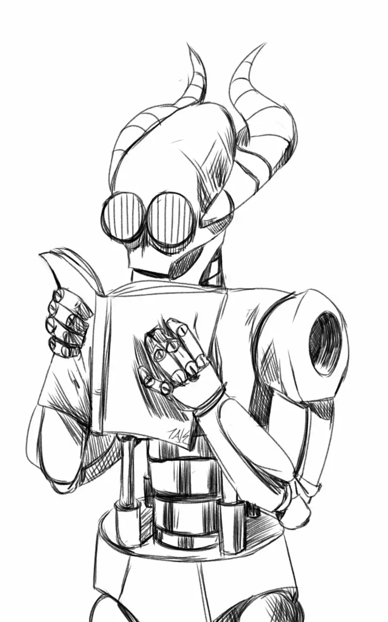 A black-and-white sketch of a robotic demon with horns and goggles, holding an open book. The text overlaid on the image…
