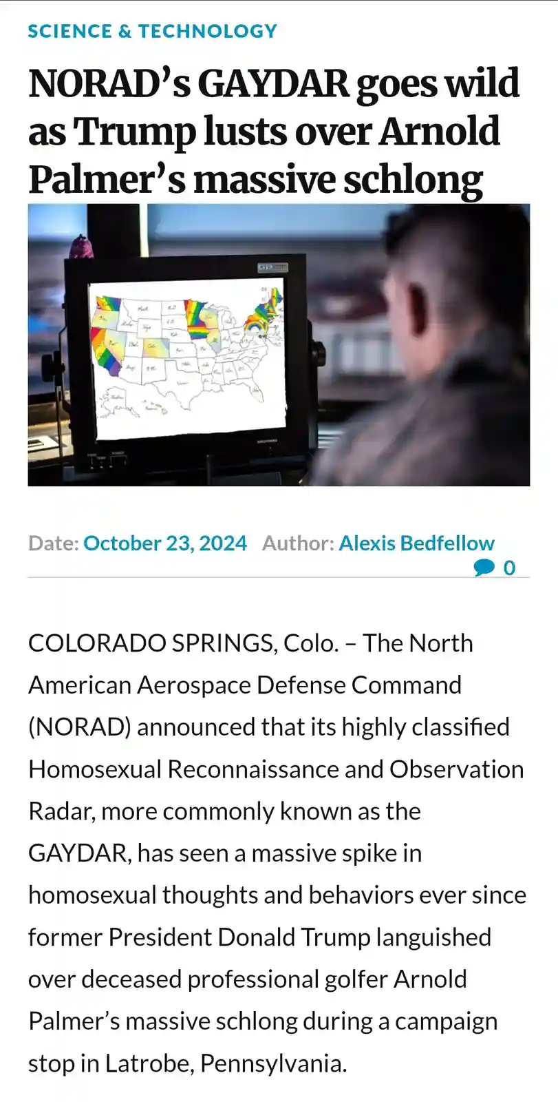 An image mimicking a fake news article shows a person looking at a computer screen displaying a rainbow-colored map of the…