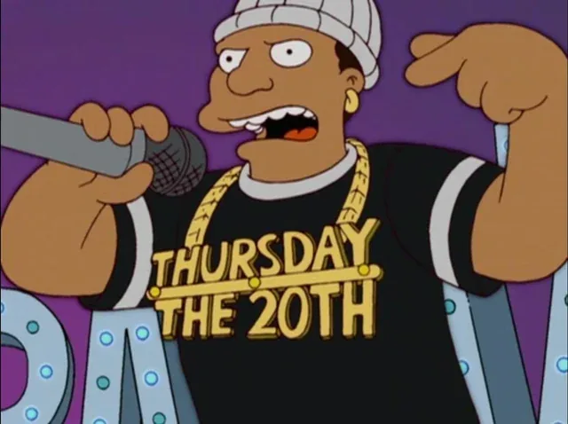 A cartoon character from The Simpsons, wearing a black t-shirt with 'THURSDAY THE 20TH' in gold letters, a white beanie, and…