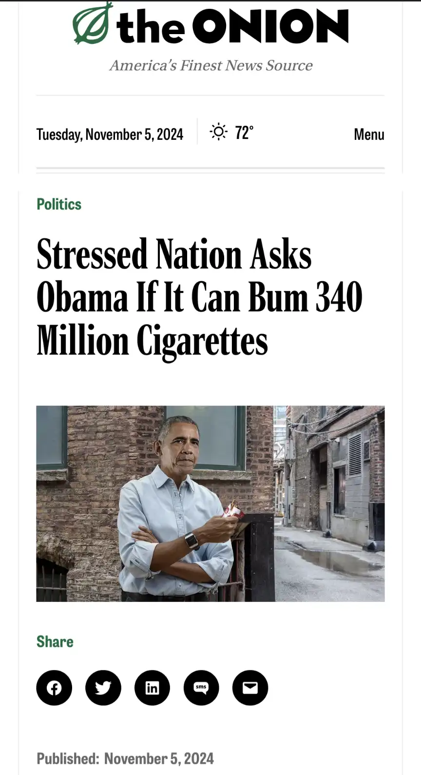 A satirical news article from The Onion dated November 5, 2024, features a photo of Barack Obama holding a pack of…