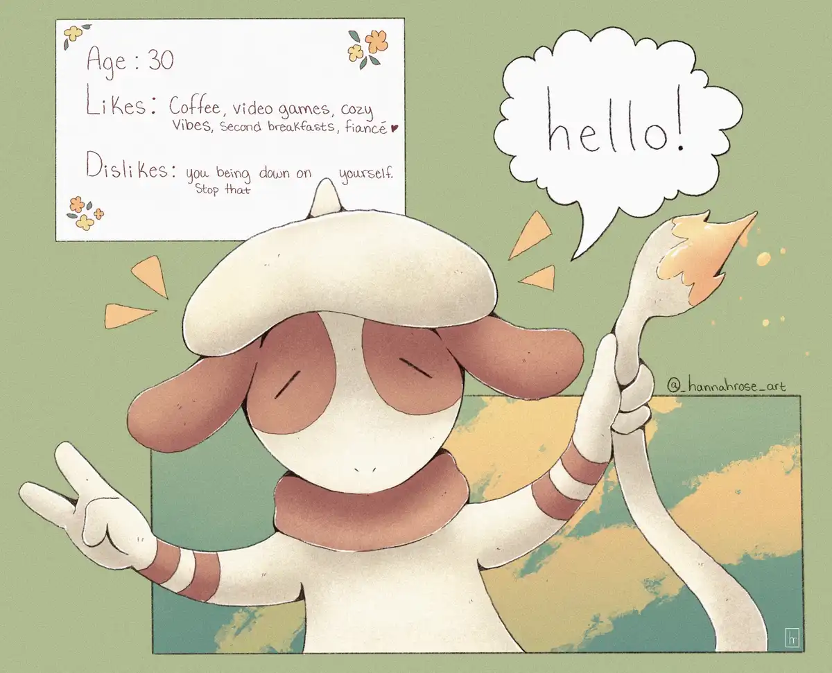 An illustrated cartoon character resembling a sheep or lamb wearing a beret and scarf, smiling and waving with one hand…