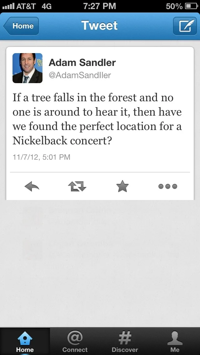 A screenshot of an old Twitter interface showing a tweet from Adam Sandler's account. The tweet humorously rephrases the…