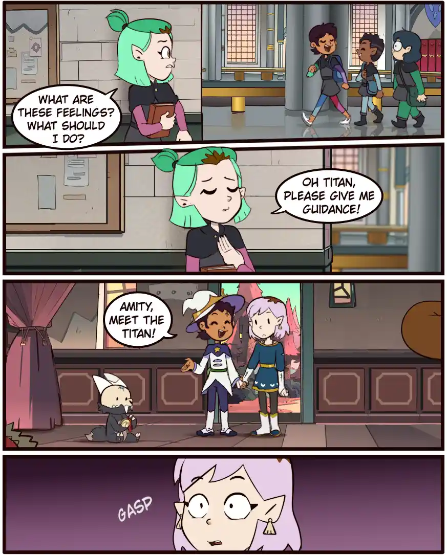A four-panel comic strip from 'The Owl House' shows a green-haired girl confused about her feelings and praying to a Titan…